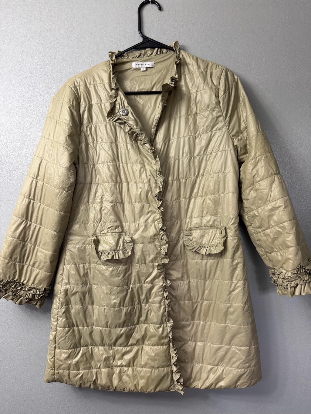 Patty Kim Beige Quilted Puffer Coat Featuring Ruffle Trim Details. Small